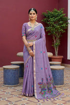 Vastranavya Lavender Muga Cotton Meenakari & Azarakh Pallu Saree with Contrast Blouse - Distacart