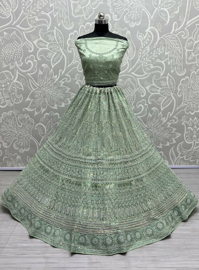 Jyoti Fashion Women's Pista Green Heavy Net Fancy Dori, Multi Thread, Rainbow Sequins and Diamond Work Wedding Lehenga Choli
