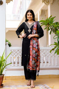 The52 Black Women's Beautiful Viscose Chanderi Fabric Embroidered Work Straight Kurta Pant and Dupatta Set - Distacart