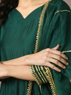 Myshka Women's Green Solid Silk Anarkali Party Kurta With Dupatta