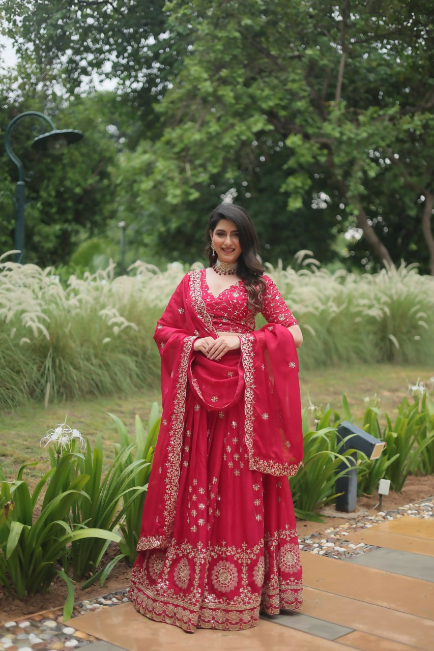 Vastranavya Designer Heavy Sequins & Thread Embroidered work Lehenga Choli - Red