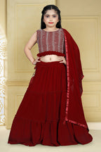 Wedding Designer Maroon Georgette Kidswear Lehenga - Aaradhna