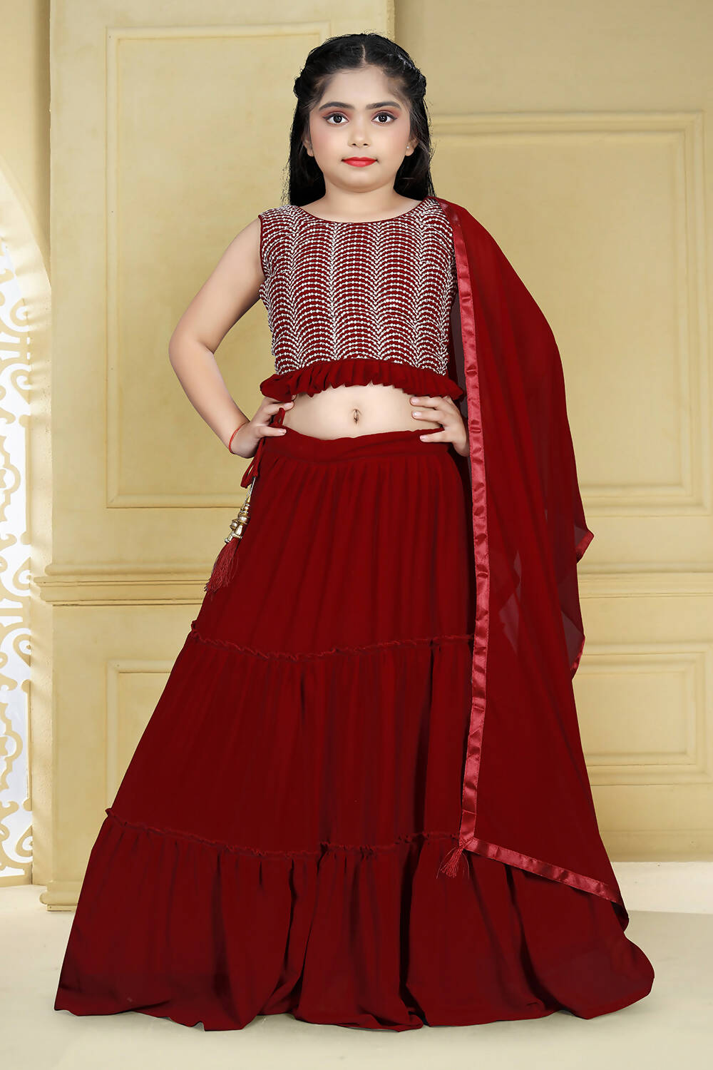 Wedding Designer Maroon Georgette Kidswear Lehenga - Aaradhna