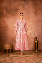 Joban Fashion Pink Floral Hand Block Printed Cotton Kurta Pant Set - Distacart