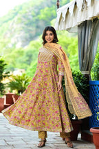 Yufta Women Yellow Floral Printed Pure Cotton Anarkali Kurta with Trouser & With Dupatta