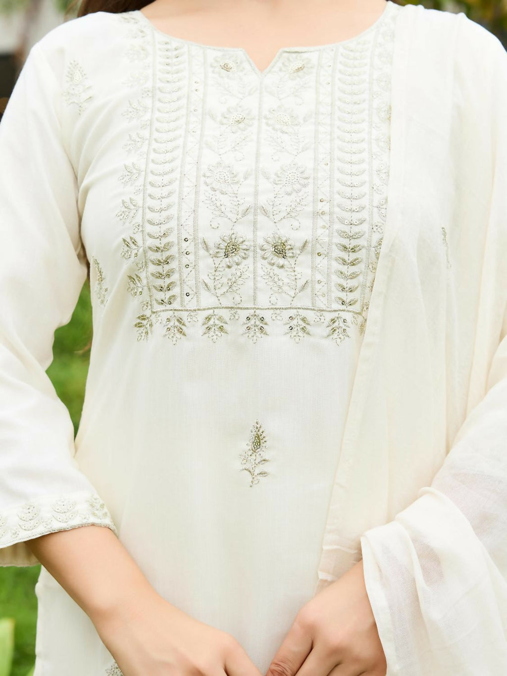 The52 White Women's Beautiful Rayon Slub Fabric Embroidered Work Straight Kurta, Pant and Dupatta Set - Distacart