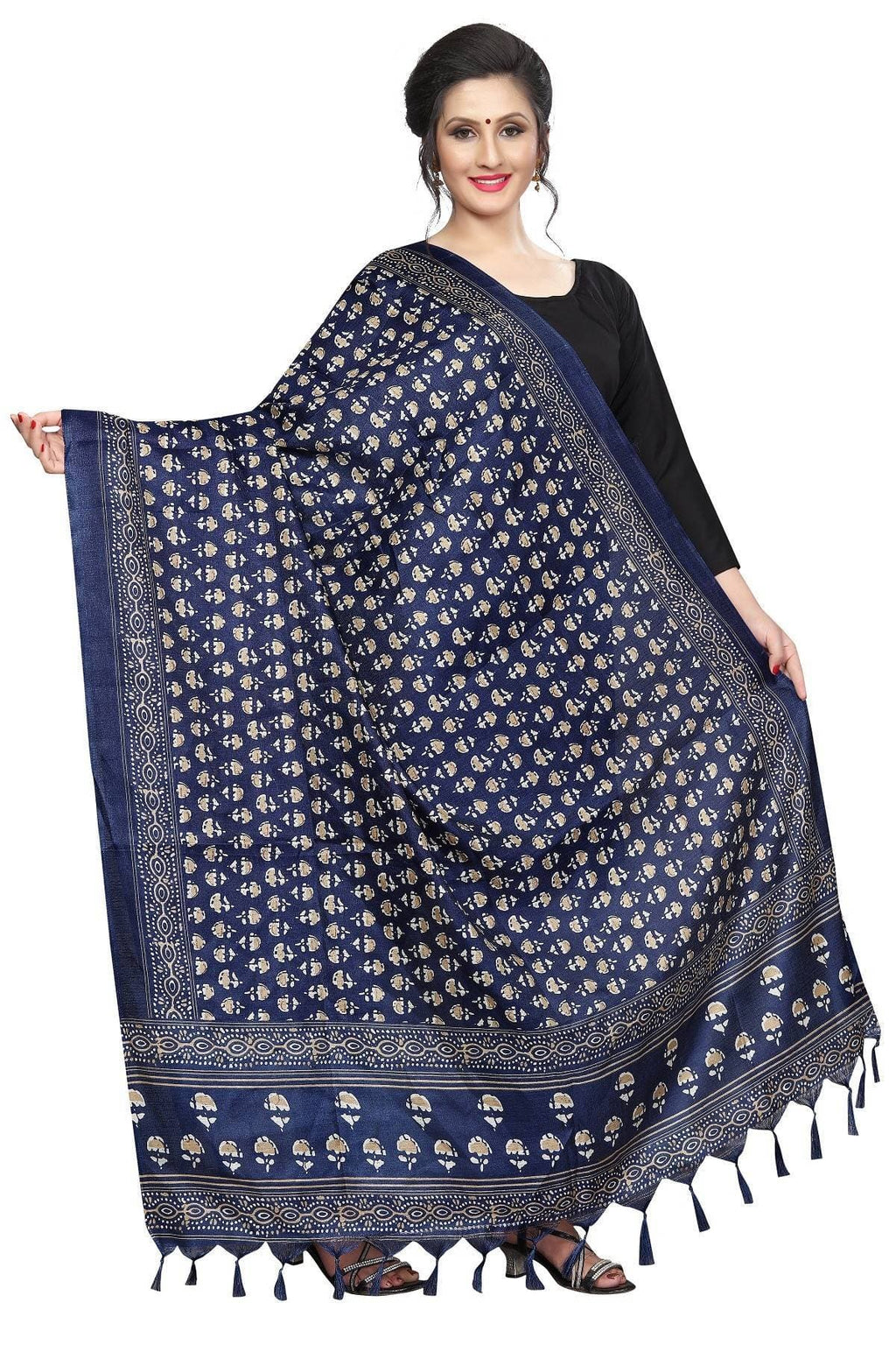 Vamika Navy Blue Printed Khadi Bhagalpuri Latest Dupatta
