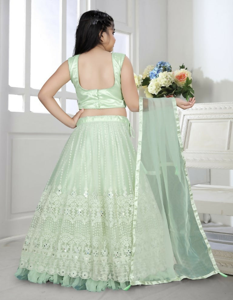 Wedding Designer Light Green Net Kidswear Lehenga - Aaradhna
