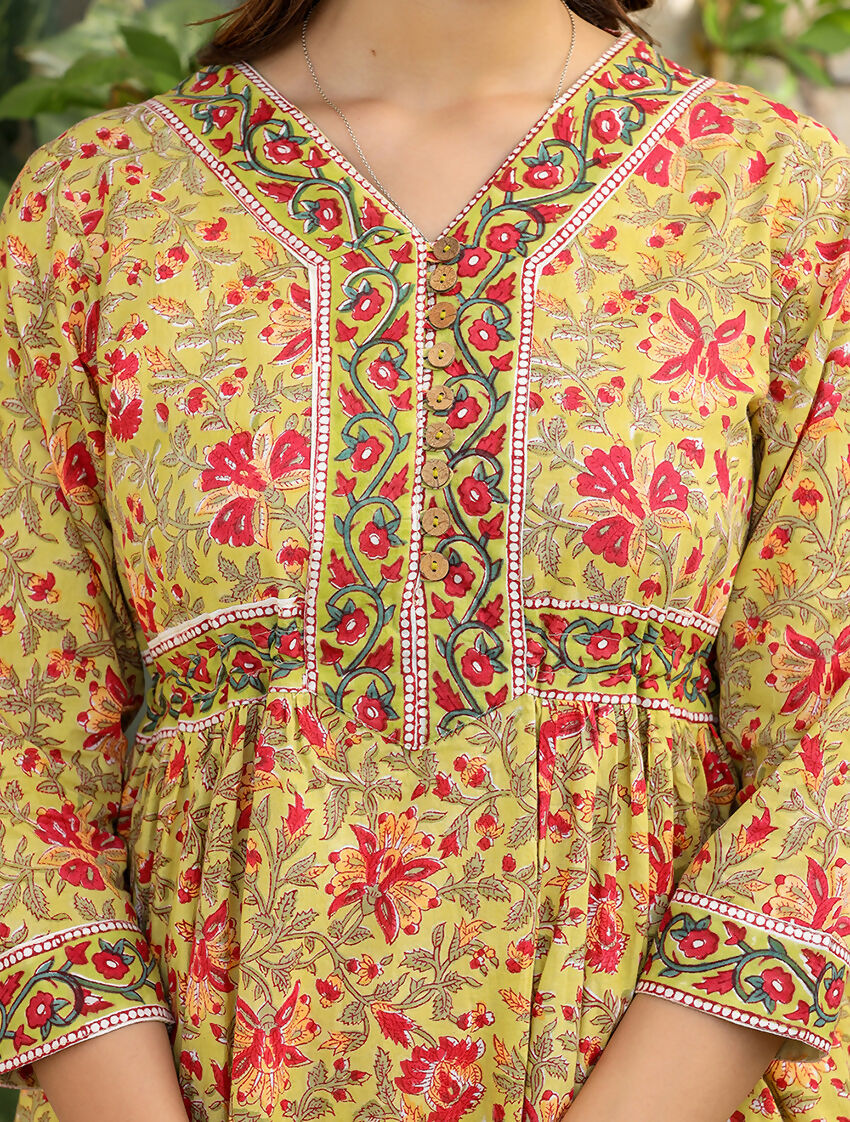 Kaajh Women's Mustard Printed Cotton Handblock Dress - Distacart