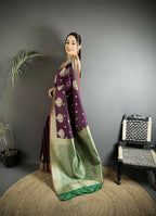 Joban Fashion Purple & Green Woven Butti Soft Silk Banarasi Silk Saree - Distacart