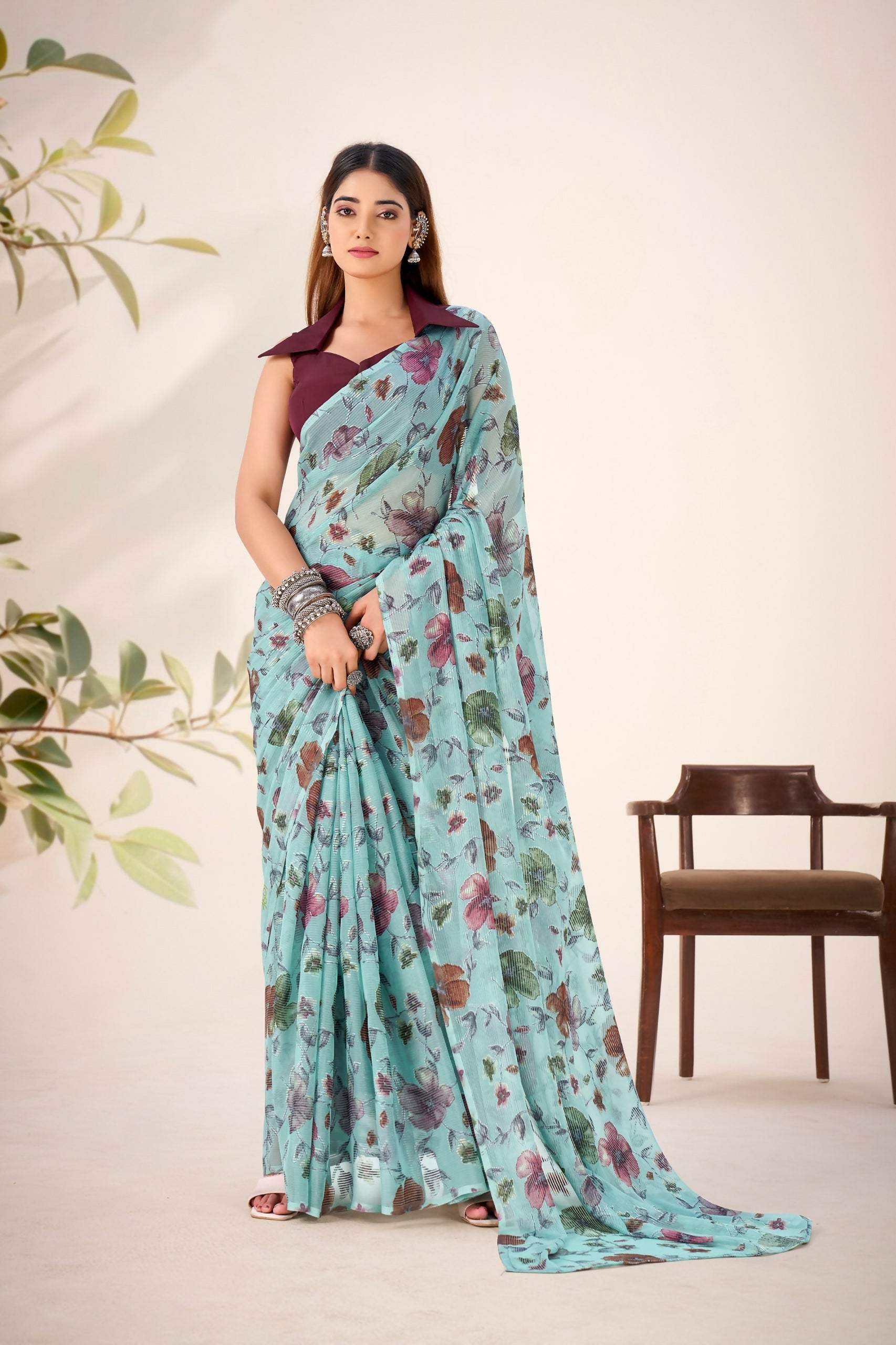 Vastranavya Sea Green Lurex Brasso Floral Printed Saree with Unstitched Blouse - Distacart