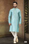 Raivat Ethnic Jacquard Banarasi Silk Thread Work Kurta Pajama In Sky Blue Colour - Distacart