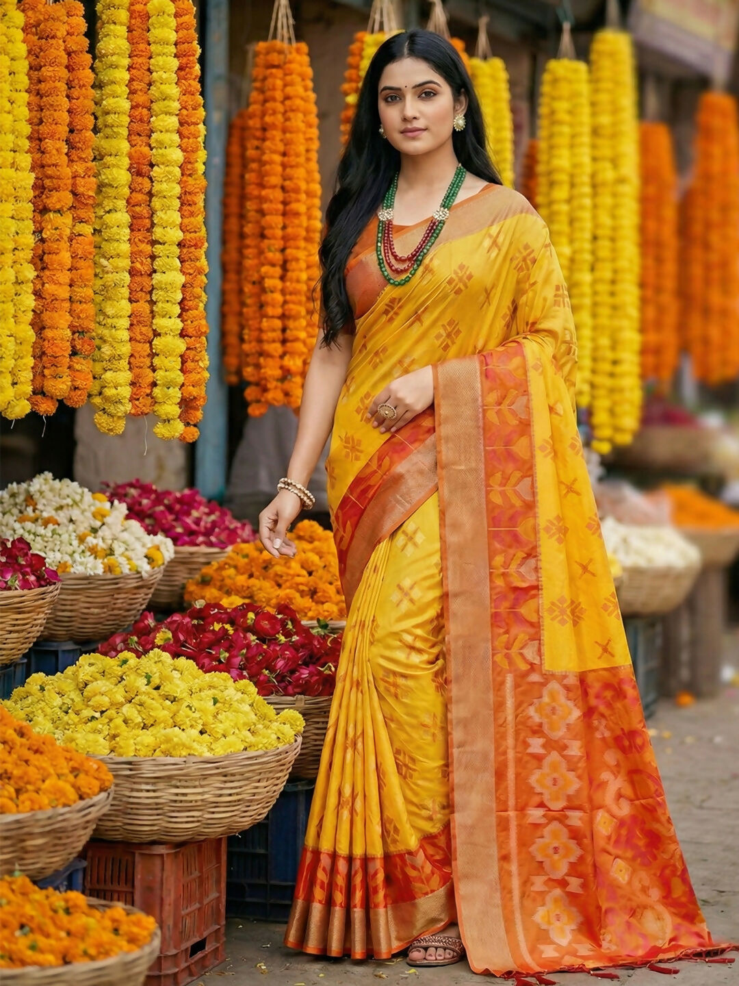 Shree Shyam Fashion Yellow Pochampally Silk Saree - Distacart