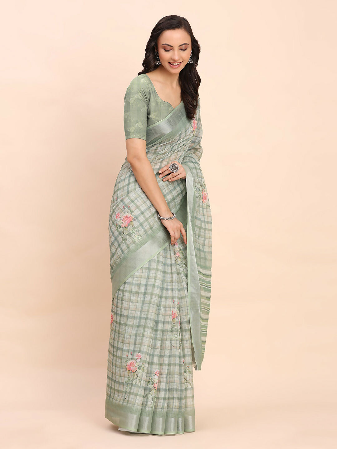 Shree Shyam Fashion Linen Cotton Light Green Saree - Distacart