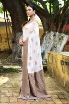 Joban Fashion Ivory Crepe Chiffon Pure Handloom Banarasi Silk Saree