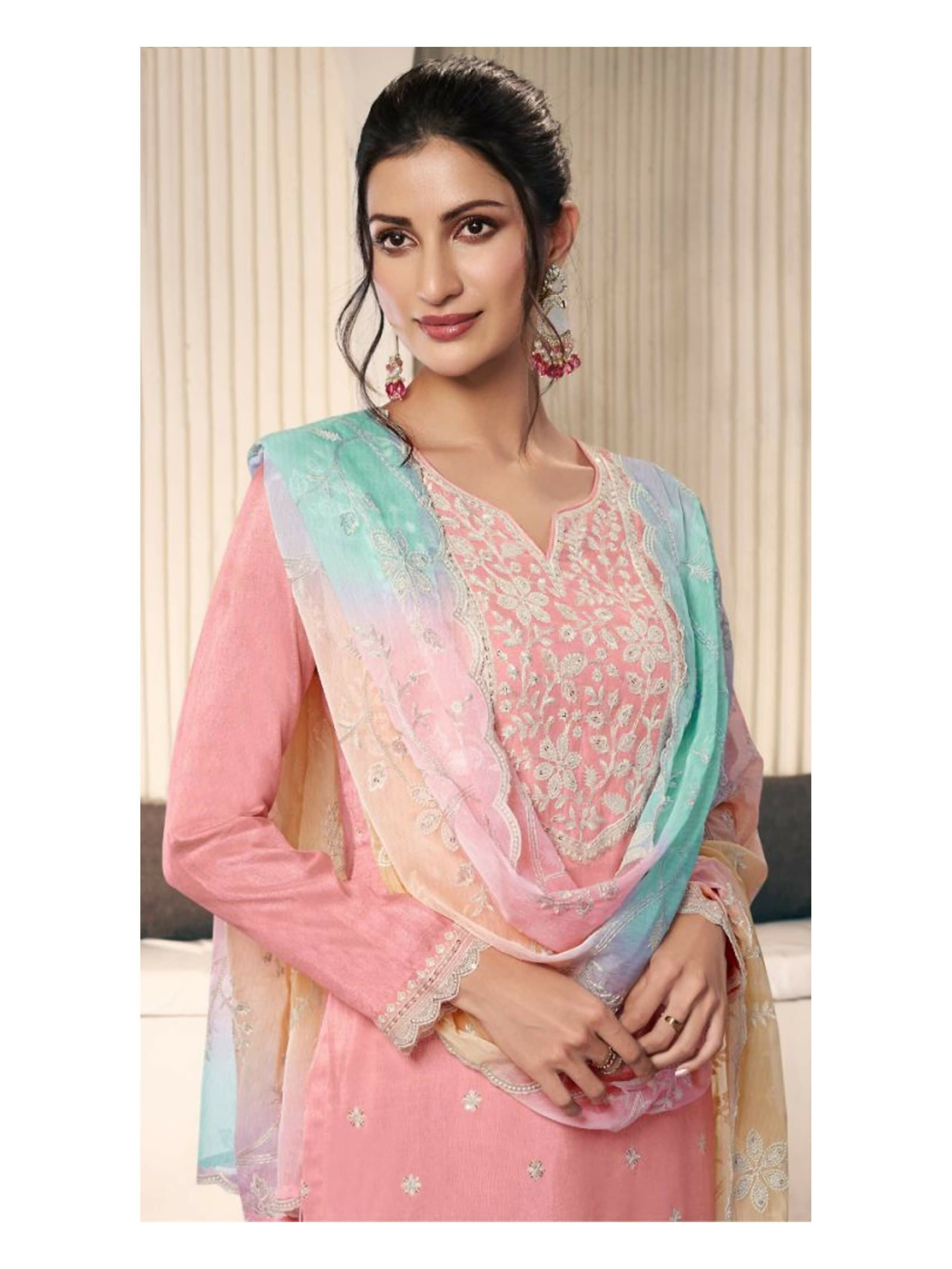 Anaita Peach Moonga Silk Stitched Suit with Embroidery Sequence Work - Distacart