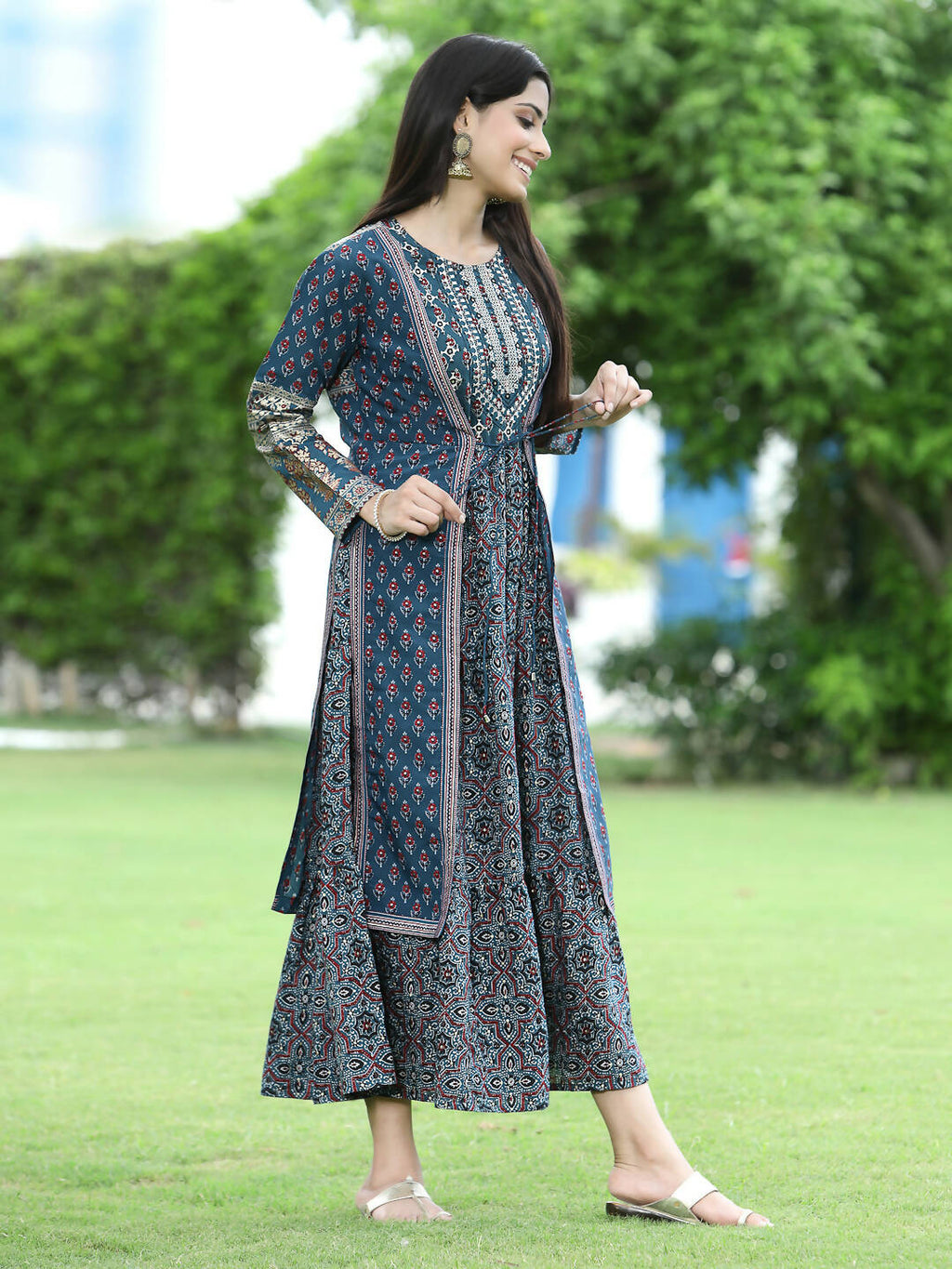 Juniper Women Teal Chanderi Festive Printed Tiered Kurta - Distacart