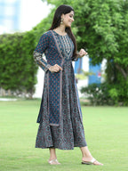 Juniper Women Teal Chanderi Festive Printed Tiered Kurta - Distacart