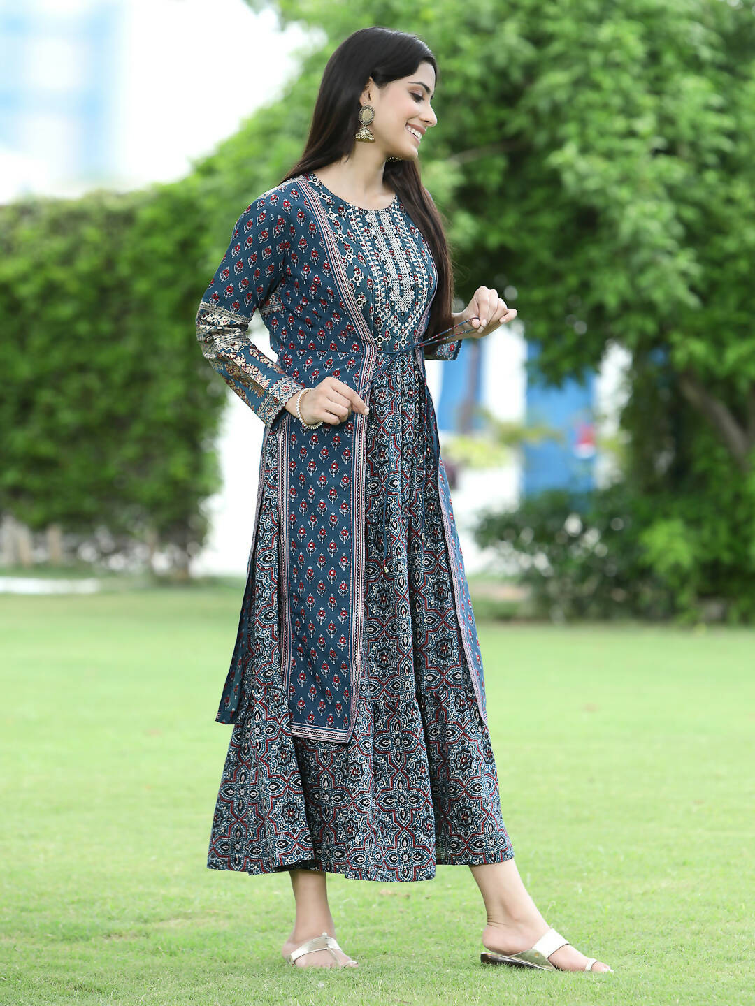 Juniper Women Teal Chanderi Festive Printed Tiered Kurta - Distacart