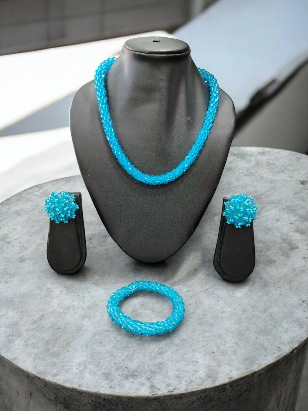 Inhanns Complete Look Crystal Statement 3-Piece Set (Adjustable Necklace + Earrings + Adjustable Bangle ) - Sky Blue