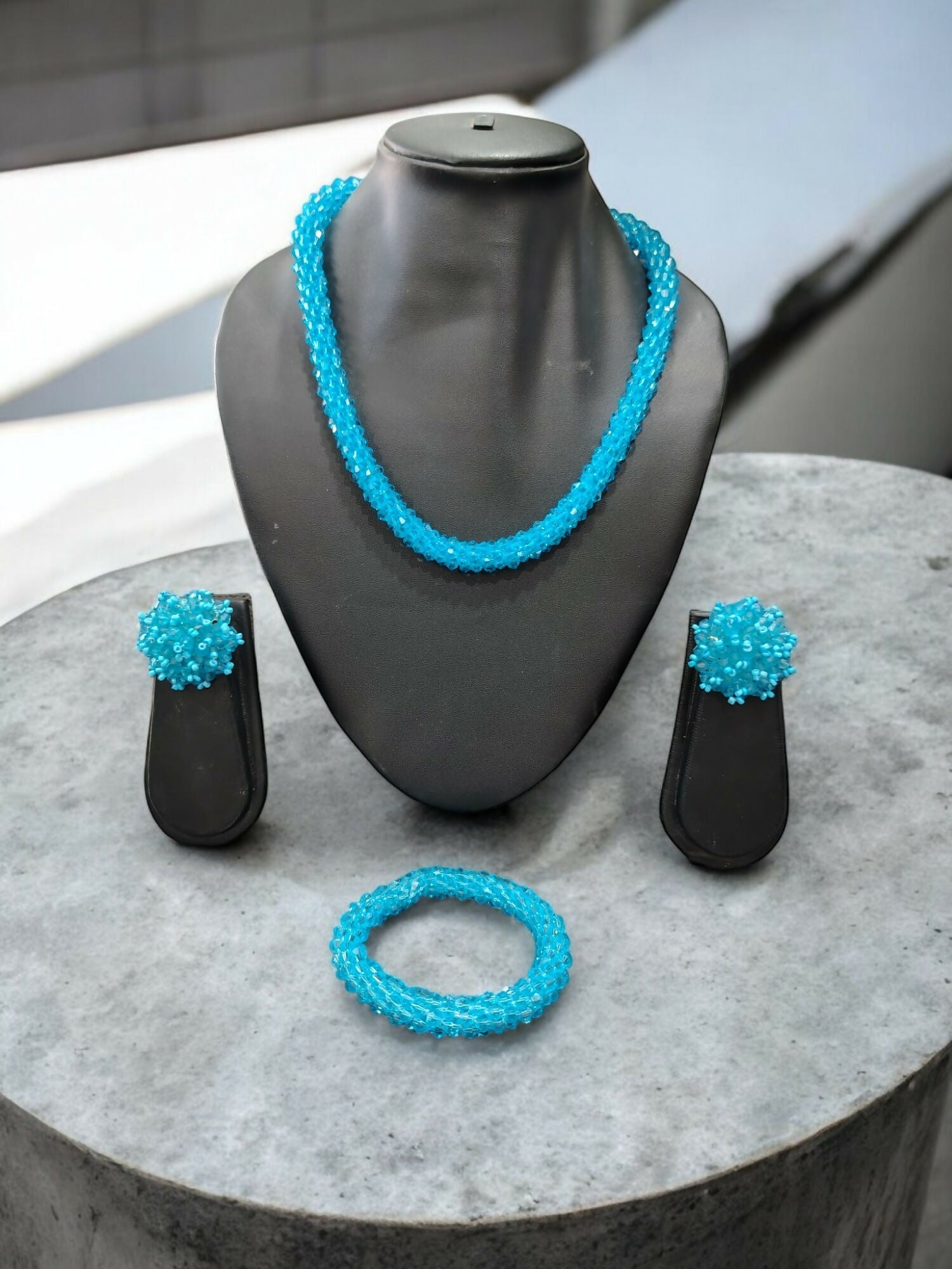 Inhanns Complete Look Crystal Statement 3-Piece Set (Adjustable Necklace + Earrings + Adjustable Bangle ) - Sky Blue
