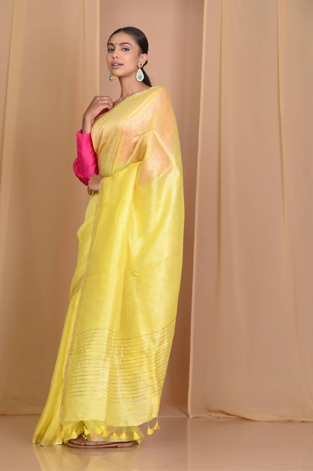 Very Much Indian Pure Linen Silk Saree With Sleek Border - Yellow - Distacart