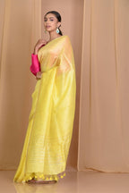 Very Much Indian Pure Linen Silk Saree With Sleek Border - Yellow - Distacart