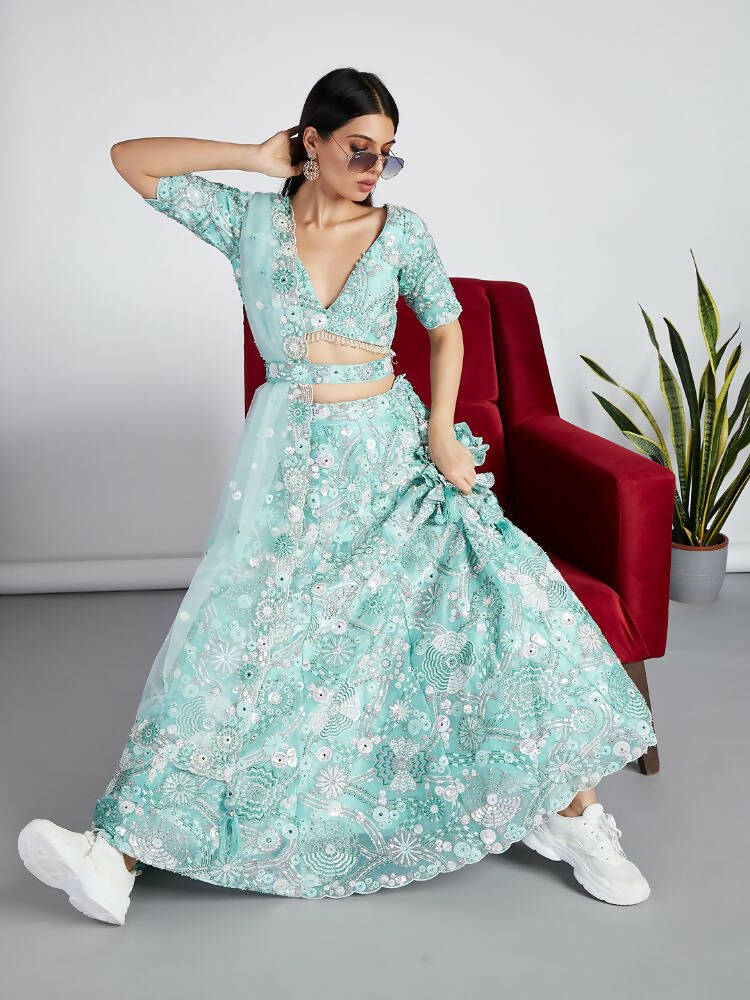 House of Panchhi Turquoise Blue Organza Sequins, Zarkan And Thread Embroidery Lehenga Choli & Dupatta