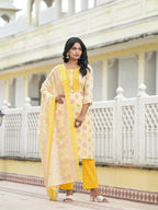 Juniper Women's Yellow Floral Printed Cotton Kurta Pant With Dupatta Set With Sequins & Thread Work