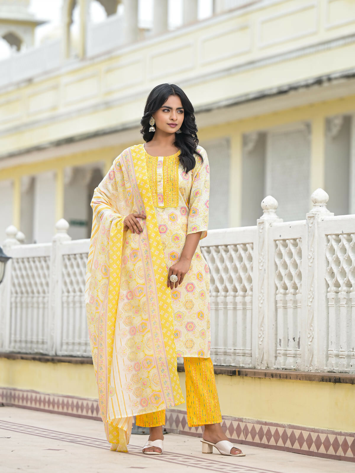 Juniper Women's Yellow Floral Printed Cotton Kurta Pant With Dupatta Set With Sequins & Thread Work