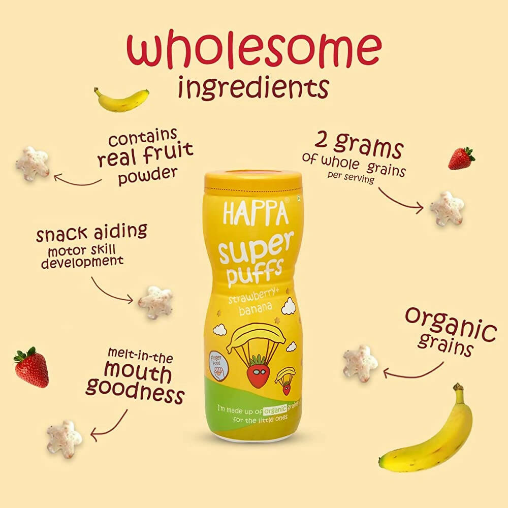 Happa Multigrain Strawberry & Banana Melts Super Puffs (8 Months+) - Distacart