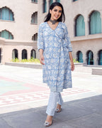 Aayaa Pure Muslin printed Kurti & Pant - Sky blue