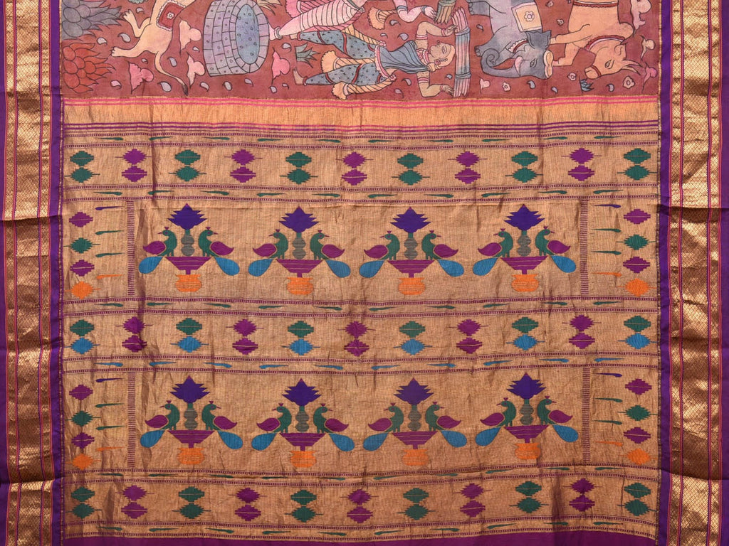 Rust and Purple Kalamkari Hand Painted Paithani Silk Handloom Saree with Village Theme Design - Global Threads