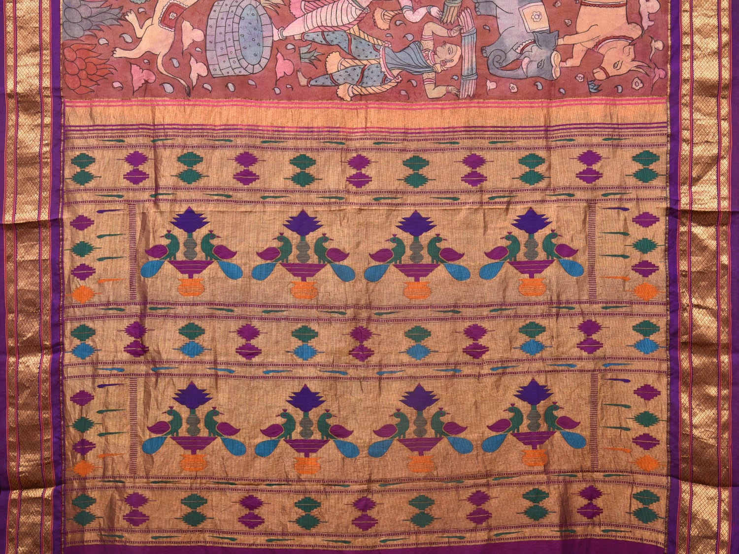 Rust and Purple Kalamkari Hand Painted Paithani Silk Handloom Saree with Village Theme Design - Global Threads