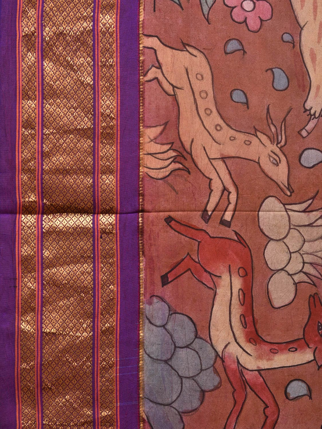 Rust and Purple Kalamkari Hand Painted Paithani Silk Handloom Saree with Village Theme Design - Global Threads