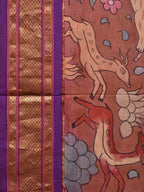 Rust and Purple Kalamkari Hand Painted Paithani Silk Handloom Saree with Village Theme Design - Global Threads