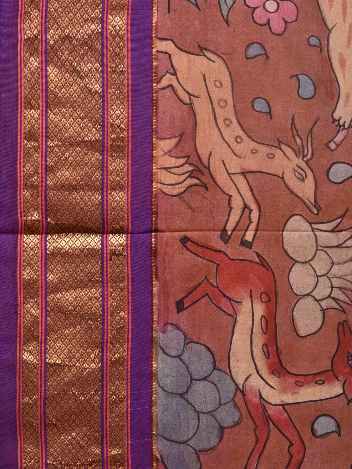 Rust and Purple Kalamkari Hand Painted Paithani Silk Handloom Saree with Village Theme Design - Global Threads