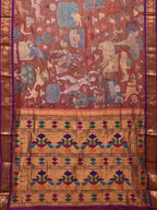 Rust and Purple Kalamkari Hand Painted Paithani Silk Handloom Saree with Village Theme Design - Global Threads