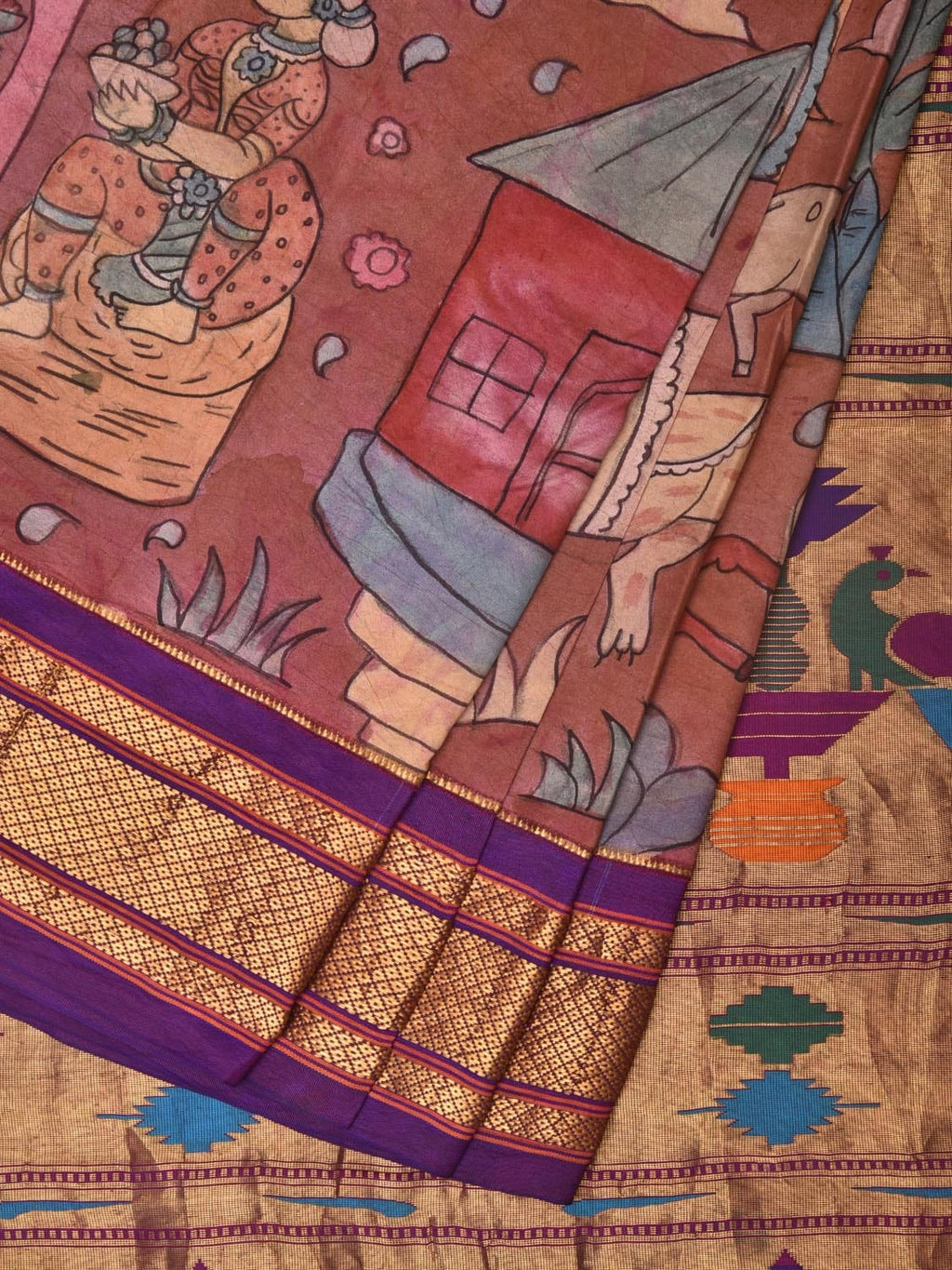 Rust and Purple Kalamkari Hand Painted Paithani Silk Handloom Saree with Village Theme Design - Global Threads