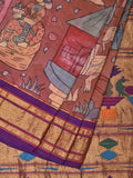 Rust and Purple Kalamkari Hand Painted Paithani Silk Handloom Saree with Village Theme Design - Global Threads