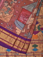 Rust and Purple Kalamkari Hand Painted Paithani Silk Handloom Saree with Village Theme Design - Global Threads