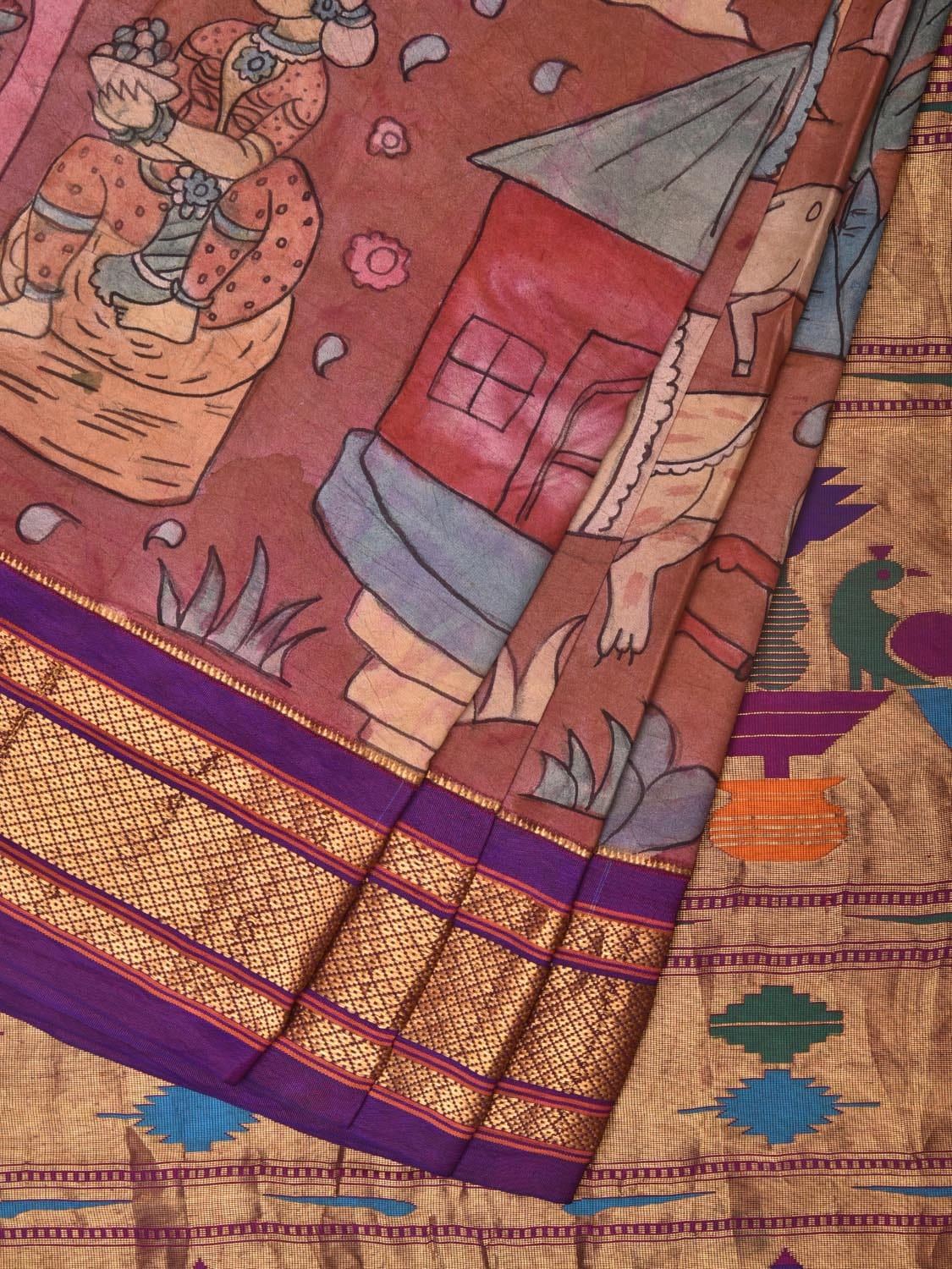 Rust and Purple Kalamkari Hand Painted Paithani Silk Handloom Saree with Village Theme Design - Global Threads