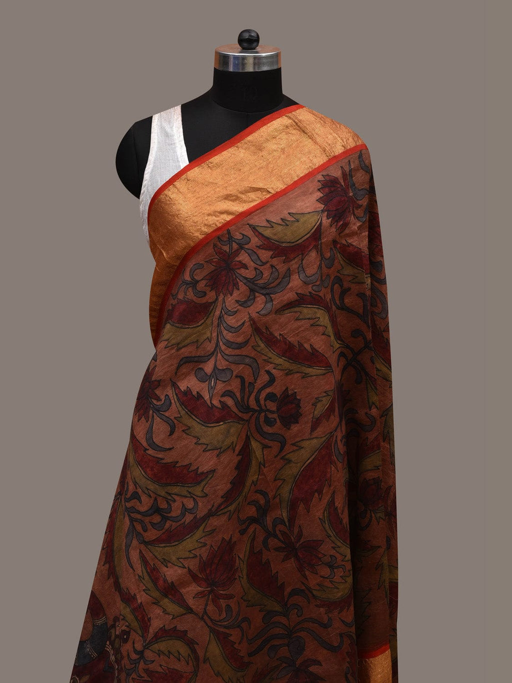 Rust Kalamkari Hand Painted Kanchipuram Silk Handloom Dupatta with Floral and Peacocks Design - Global Threads