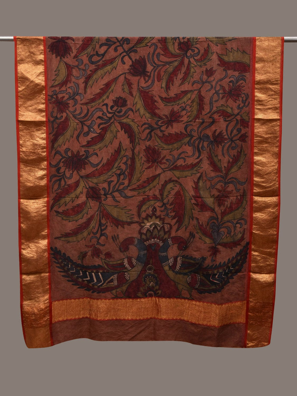 Rust Kalamkari Hand Painted Kanchipuram Silk Handloom Dupatta with Floral and Peacocks Design - Global Threads