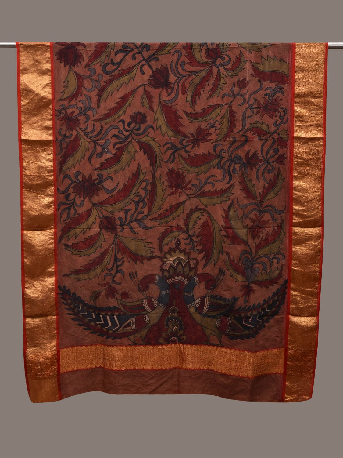 Rust Kalamkari Hand Painted Kanchipuram Silk Handloom Dupatta with Floral and Peacocks Design - Global Threads