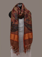Rust Kalamkari Hand Painted Kanchipuram Silk Handloom Dupatta with Floral and Peacocks Design - Global Threads