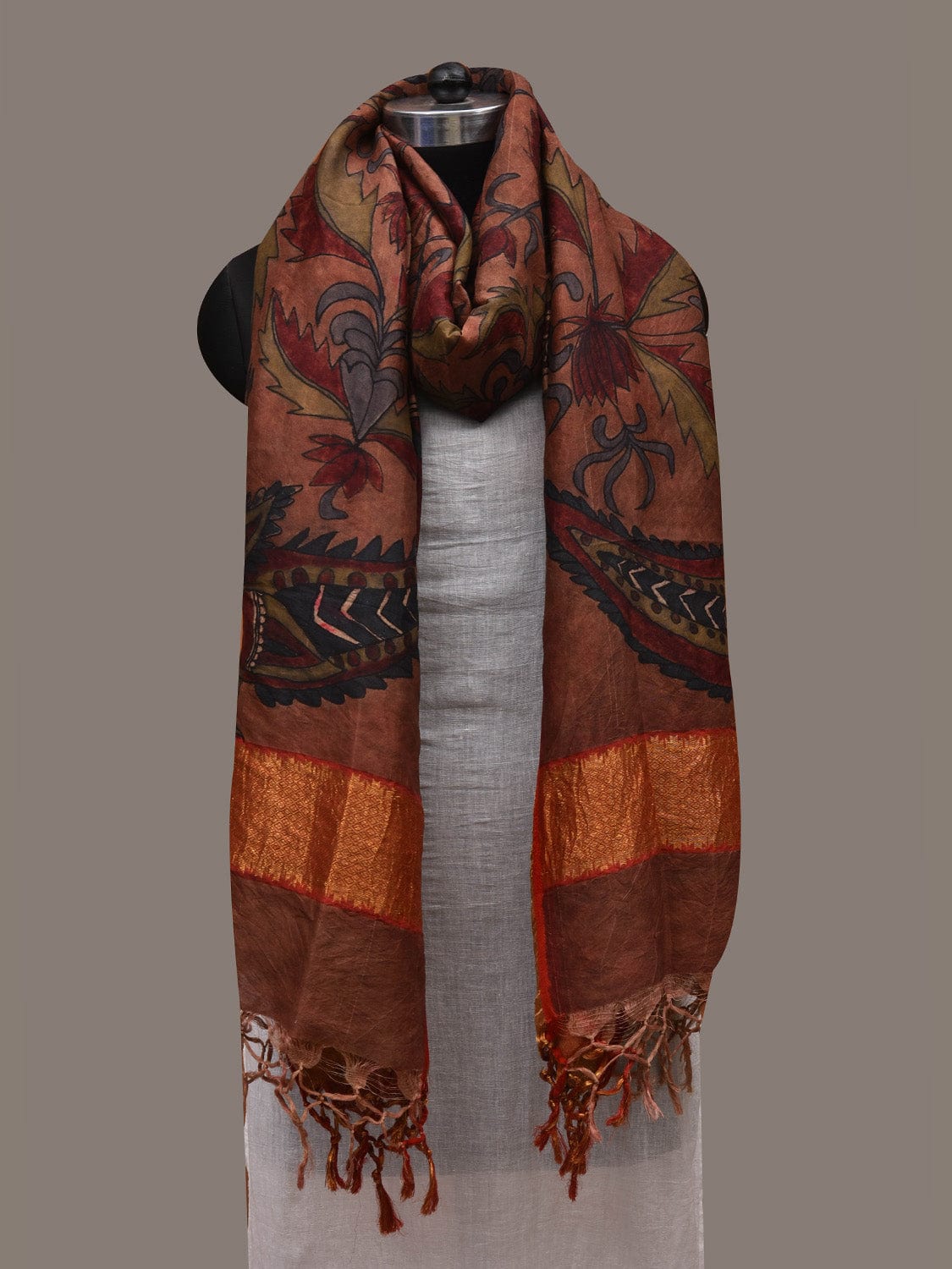 Rust Kalamkari Hand Painted Kanchipuram Silk Handloom Dupatta with Floral and Peacocks Design - Global Threads