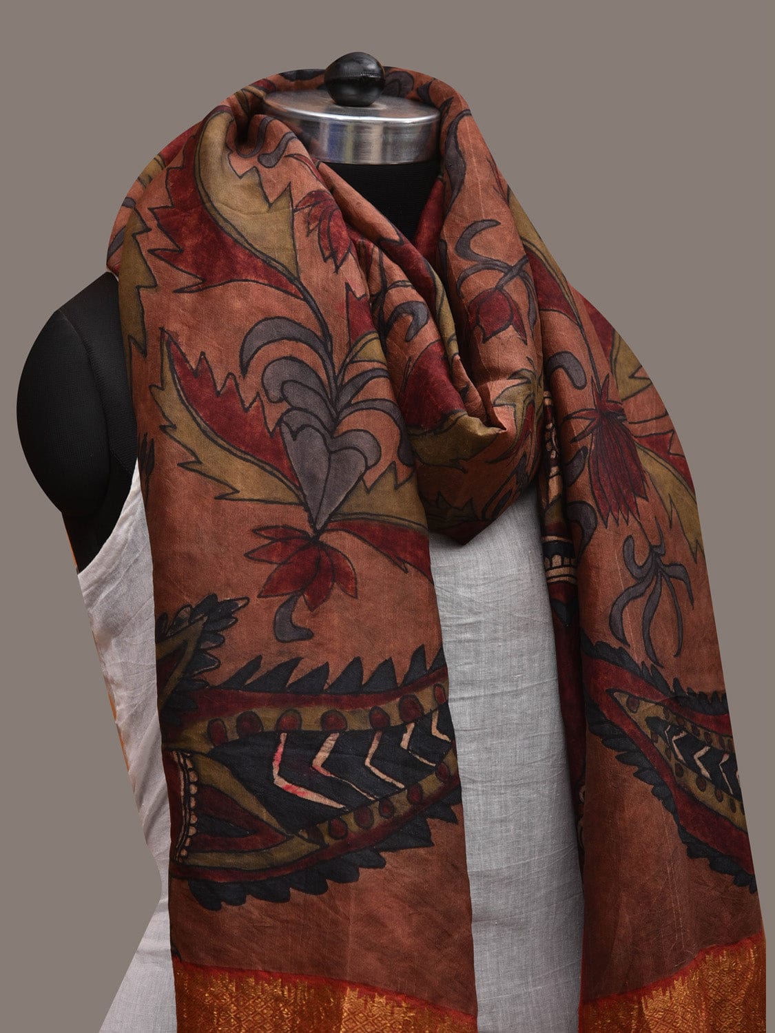 Rust Kalamkari Hand Painted Kanchipuram Silk Handloom Dupatta with Floral and Peacocks Design - Global Threads