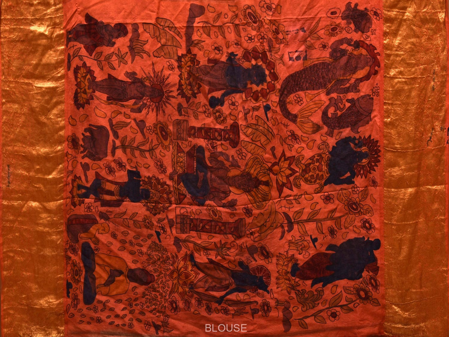 Rust Kalamkari Hand Painted Kanchipuram Silk Handloom Saree with Dashavatar Design - Global Threads