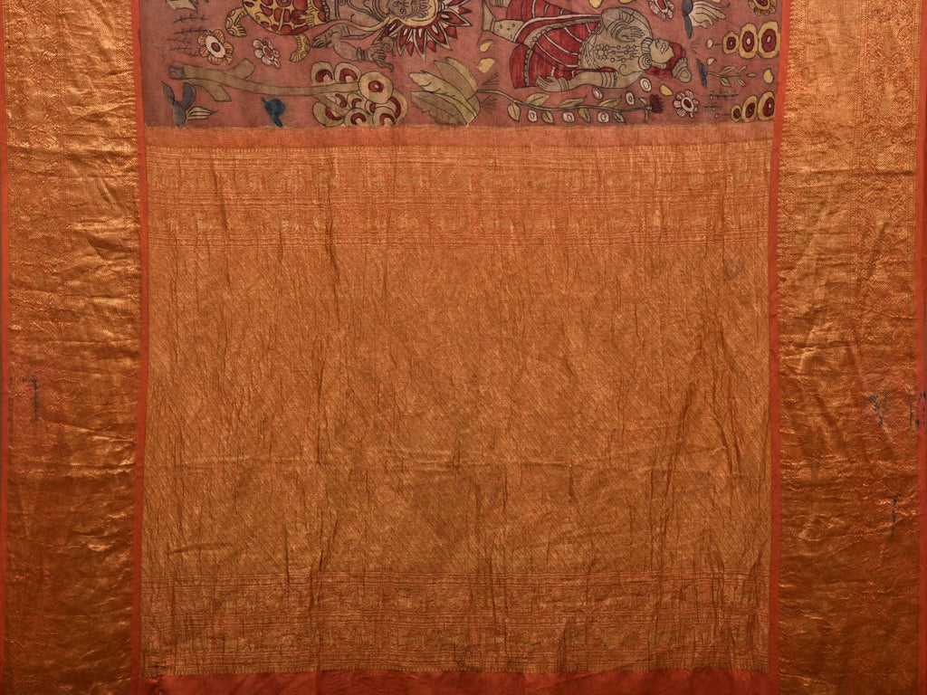 Rust Kalamkari Hand Painted Kanchipuram Silk Handloom Saree with Dashavatar Design - Global Threads